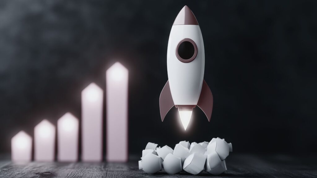 Photo showing rocket and chart according to fast growing market trednds in Dublin